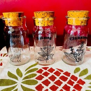 Spice bottles, glass with cork top, three